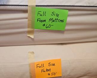$50 Full size futon with mattress, $60 newer foam full size mattress