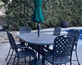 Cast Aluminum Patio Table, 6 Armchairs & Umbrella