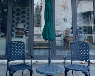 (2) Cast Aluminum Armchairs, Side Table & Umbrella