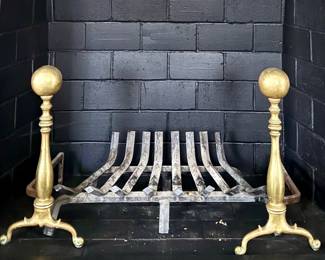 Brass Andirons & Fireplace Grate