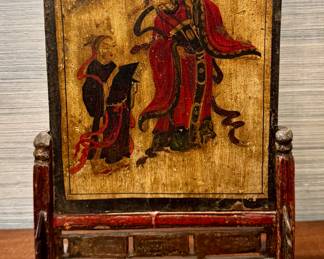 Antique Chinese Handmade Painted Plaque on Rosewood Stand