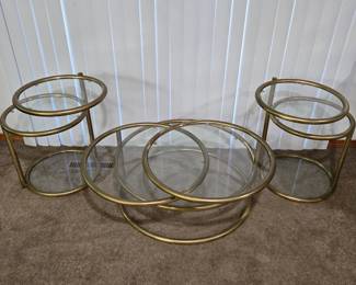 AWESOME Mid-Century Milo Baughman Style Three-Tier Brass Swivel Coffee Table With Matching End/Side Tables