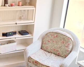White Wicker Armchair with Floral Cushions