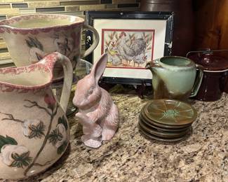 Pewter cake stand 
Frankoma (pitcher and wagon wheel set of 6)
Stoneware 
