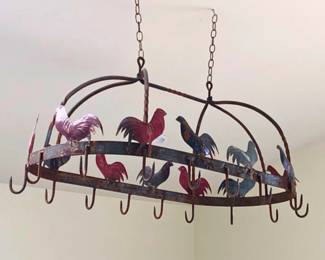 Wrought Iron Rooster Pot Rack – Ceiling-Mounted Farmhouse Accent