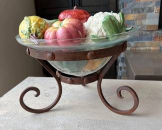 Glass Bowl with Rustic Scrolled Iron Stand–Includes Ceramic Vegetables