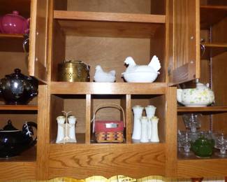 VINTAGE TUPPERWARE, HALL ALADDIN TEA POT, MILK GLASS HENS ON NEST, ETC