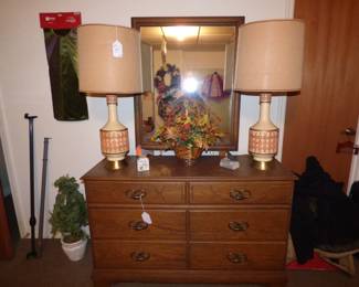 BASSETT DRESSER WITH MIRROR, MCM LAMPS
