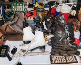 In-line skates, Ice Skates, and a Bowling ball