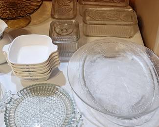 Glass Bread Bowls with lids,  glass serving trays.  Set of small corningware dishes 