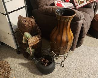 Resin Bear Statue, Heavy Pot with Pine Cones, and Large Floor Vase