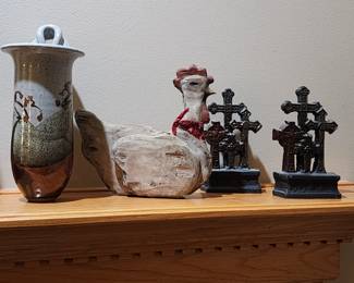 Vase, Cross bookends, and a wood carved rooster