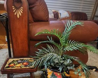 Vintage hand painted high back stool, Artificial plant in ceramic pot, wood carved goose