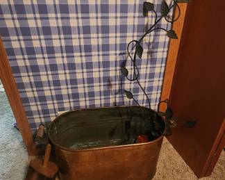 Large copper ice bucket with big ice scooper, metal vine wall art 