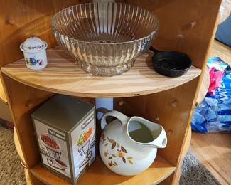 Tiny cast iron skillet, ceramic pitcher, glass salad bowl