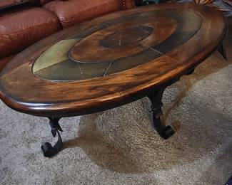 Wood and tile oval coffee table