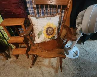 Adult vintage wood rocker with leather seat and a Kansas throw pillow 