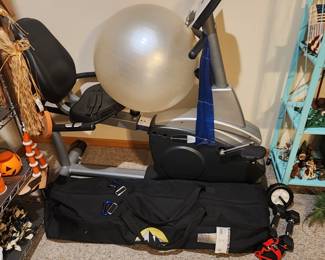 Exercise Equipment - Recumbent Bicycle, hand weights, and a heavy duty folding cot