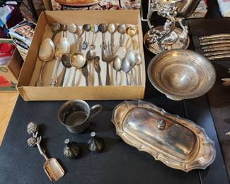 Silver plated spoons, cup, bowls and more