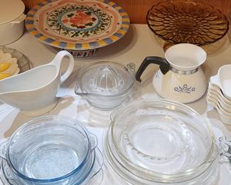 Pedestal glass and ceramic cake plates. Set of 3 Fire-King blue bakeware dishes