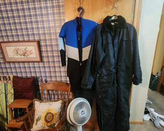 Men's Winter waterproof coveralls and a scuba suit. Vornado fan