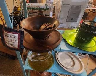 Large Wood Bowl, Glass and Ceramic serving trays