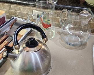 Glass pitchers and Metal Kettle