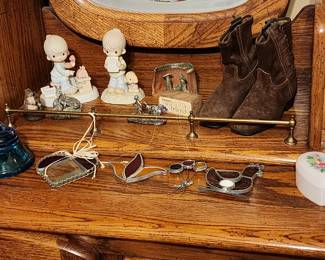 Stained glass ornaments, little girls cowboy boots, Precious Moments figurines