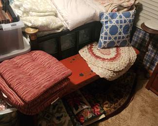 Vintage quilt, Down Comforter, Heart shaped rag rug. large round floor rug and nore