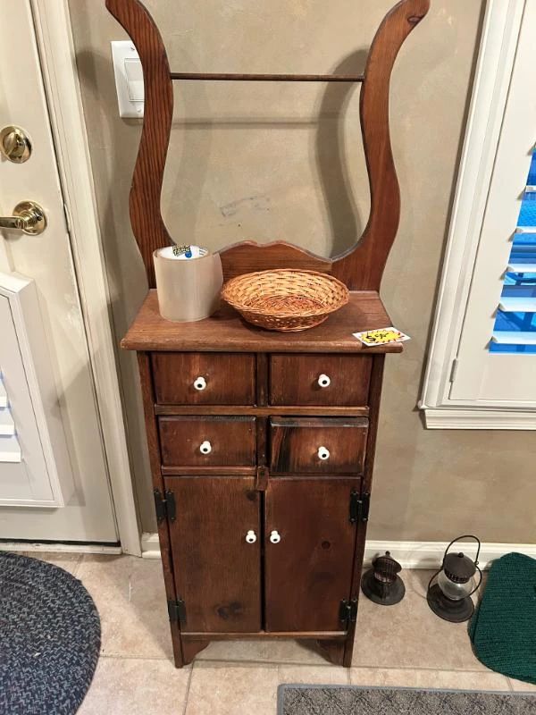 Rustic wood cabinet with rod to hang towels, blanket, etc. $50.00 or best offer.