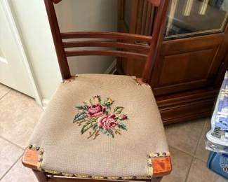 Wood side chair with embroidered seat. $30.00 or best offer.