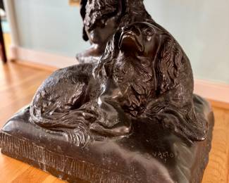 Signed bronze of cavalier king charles pups