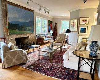 Club chairs, side chairs, RUGS, Louis XV bench, cane sofa, needlepoint pillows, MCM floor lamps...