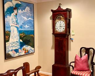 Antique Case Clock, Chinoisorie Arm Chairs, Down Pillows and original Oil on Canvas