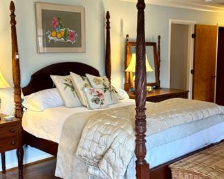 4 Post Rice Bed with a host of divine linens, antique wicker basket, S. Grandis original oil pastel, NEW needlepoint pillows