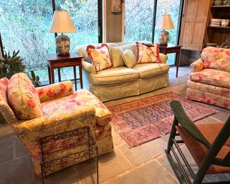 Club chairs, Pearson sofa, Antquie rugs, 2 metal bakers racks, cement planters, Asian porcelain lamps, roking chairs and a pine hutch to die for