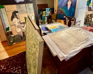 Giant Room FILLED withunframed art, framed art, brushes, canvases, frames, Heriz carpets, MCM furniture glass doors, hoiday fun and soo much more. Her artist studio is the most fun place in the house!