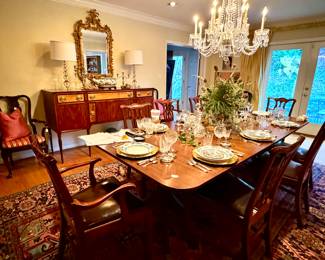 Queen Anne Chairs with leather seats, Carvers Guild Mirror, Crystal Lamps, Waterford Stemware