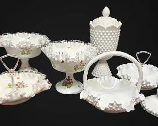 Fenton Silver Crest Violets in the Snow Compotes, Bon Bon Dishes, Hobnail Basket More Milk Glass
