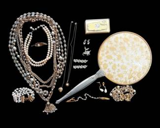 Faux Pearl Costume Jewelry, Vanity Mirror, Lipstick Compact