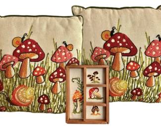 Vintage Mushroom Snail Crewel Pillows, and Miniature Framed Crewel