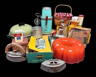 Vintage Kitchen Supplies Cookie Cutters, Longaberger Basket, Spices, More