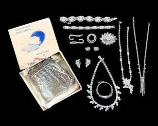 Vintage Whiting Davis Mesh Bag And Silver Toned Costume Jewelry