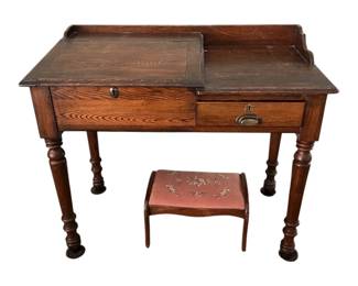 Antique Wooden SlantTop Writing Desk Needlepoint Stool