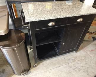 stainless trash can, marble top kitchen cart