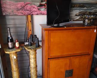 Pair of alabaster pedestals, Asian drop-front desk, art