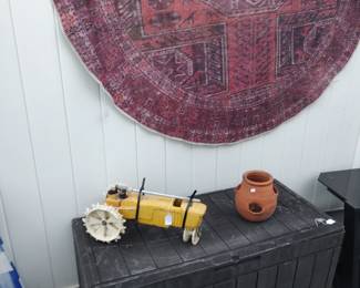 round area rug, tractor lawn sprinkler deck storage box
