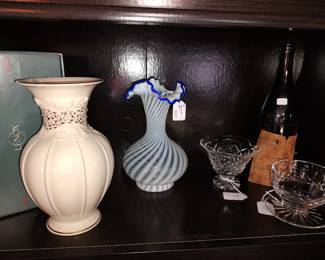 Lenox vase,  antique Fenton? art glass vase, Waterford crystal dishes