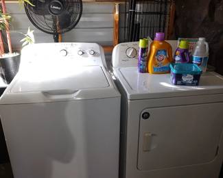 Washer & Dryer, oscillating stand fan, metal shelving