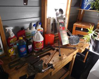 misc. tools, cleaning supplies, air pump, electric heater